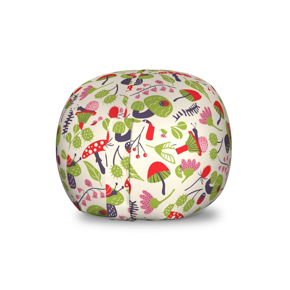 Ambesonne Mushroom Storage Toy Bag Chair, Forest Life Themed Pattern with Ladybird Snail Flower and Leaf Childish Characters, Stuffed Animal Organizer Washable Bag, Small Size, Cream Green