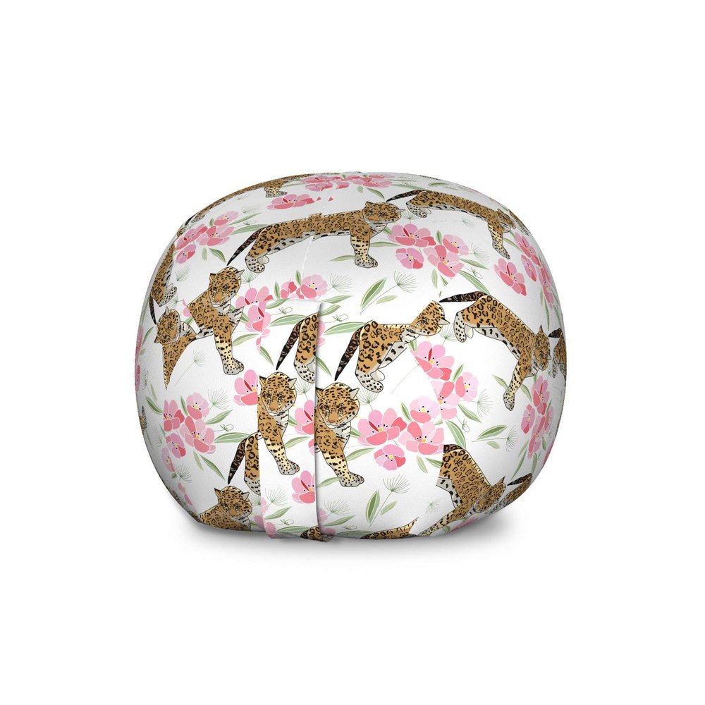 Ambesonne Jaguar Storage Toy Bag Chair, Retro Flowers and Jaguars Blossoming Corsage Botanical Illustration, Stuffed Animal Organizer Washable Bag, Large Size, Brown Pink