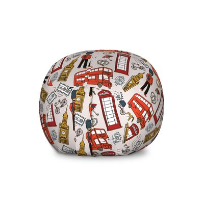 Ambesonne London Storage Toy Bag Chair, Doodle English Crown London Cab Telephone Booth Watch Big Ben Umbrella Bicycle, Stuffed Animal Organizer Washable Bag, Large Size, Grey Red