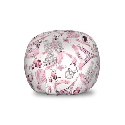 Ambesonne Paris Storage Toy Bag Chair, Valentines Day Theme with Eiffel Kissing Couple Hot Air Balloon Wedding Concept, Stuffed Animal Organizer Washable Bag, Small Size, Pink Rose