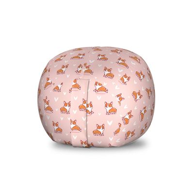 Ambesonne Dog Lover Storage Toy Bag Chair, Little Corgi Jumping Running and Standing Cartoon Hearts Background, Stuffed Animal Organizer Washable Bag, Small Size, Orange White