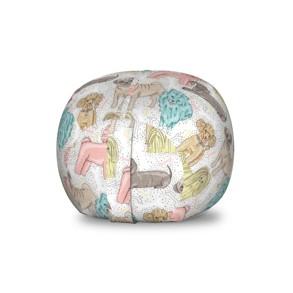 Ambesonne Dogs Storage Toy Bag Chair, Pattern with Little Purebred Puppy Dogs Bichon Pug Spitz Dachshund Poodle Shih Tzu, Stuffed Animal Organizer Washable Bag, Small Size, Pink White