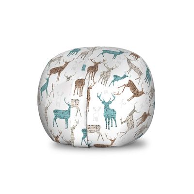 Ambesonne Deer Storage Toy Bag Chair, Animals with Old Text Pattern Christmas Theme Vintage Inspired Illustration, Stuffed Animal Organizer Washable Bag, Small Size, Turquoise Beige