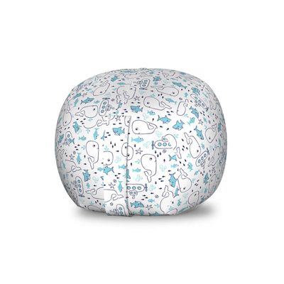Ambesonne Whales Storage Toy Bag Chair, Continuous Marine Themed Pattern with Sharks Little Fish and Submarines, Stuffed Animal Organizer Washable Bag, Small Size, Indigo White