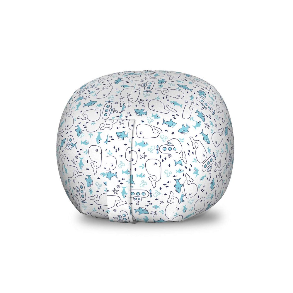 Ambesonne Whales Storage Toy Bag Chair, Continuous Marine Themed Pattern with Sharks Little Fish and Submarines, Stuffed Animal Organizer Washable Bag, Small Size, Indigo White