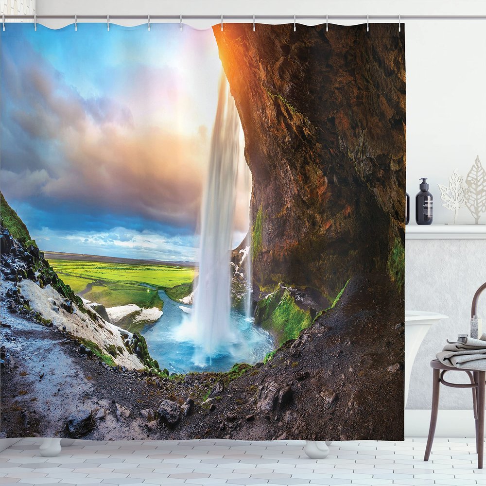 Ambesonne Iceland Shower Curtain, Seljalandsfoss Waterfall During Sunset Scenery Cloudscape Wilderness, Cloth Fabric Bathroom Decor Set with Hooks, 69" W x 70" L, Blue Orange Green