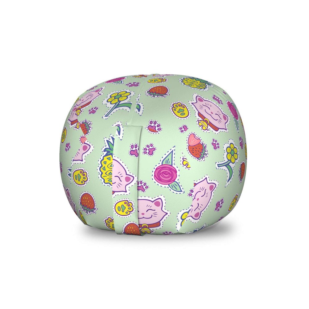 Ambesonne Cat Storage Toy Bag Chair, Cheerful Pattern with Smiling Cats Pineapples Strawberries Maneki Neko Happiness Love, Stuffed Animal Organizer Washable Bag, Small Size, Teal Green