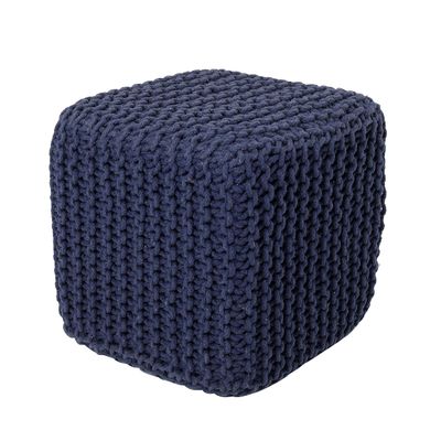 REDEARTH Square Hand Knitted Pouf - Foot Stool Ottoman Coffee Table - Cotton Cord Boho Pouffe - Poof Accent Footrest for Living Room - Bedroom - Library (16" x 16" x 16") - Navy Blue
