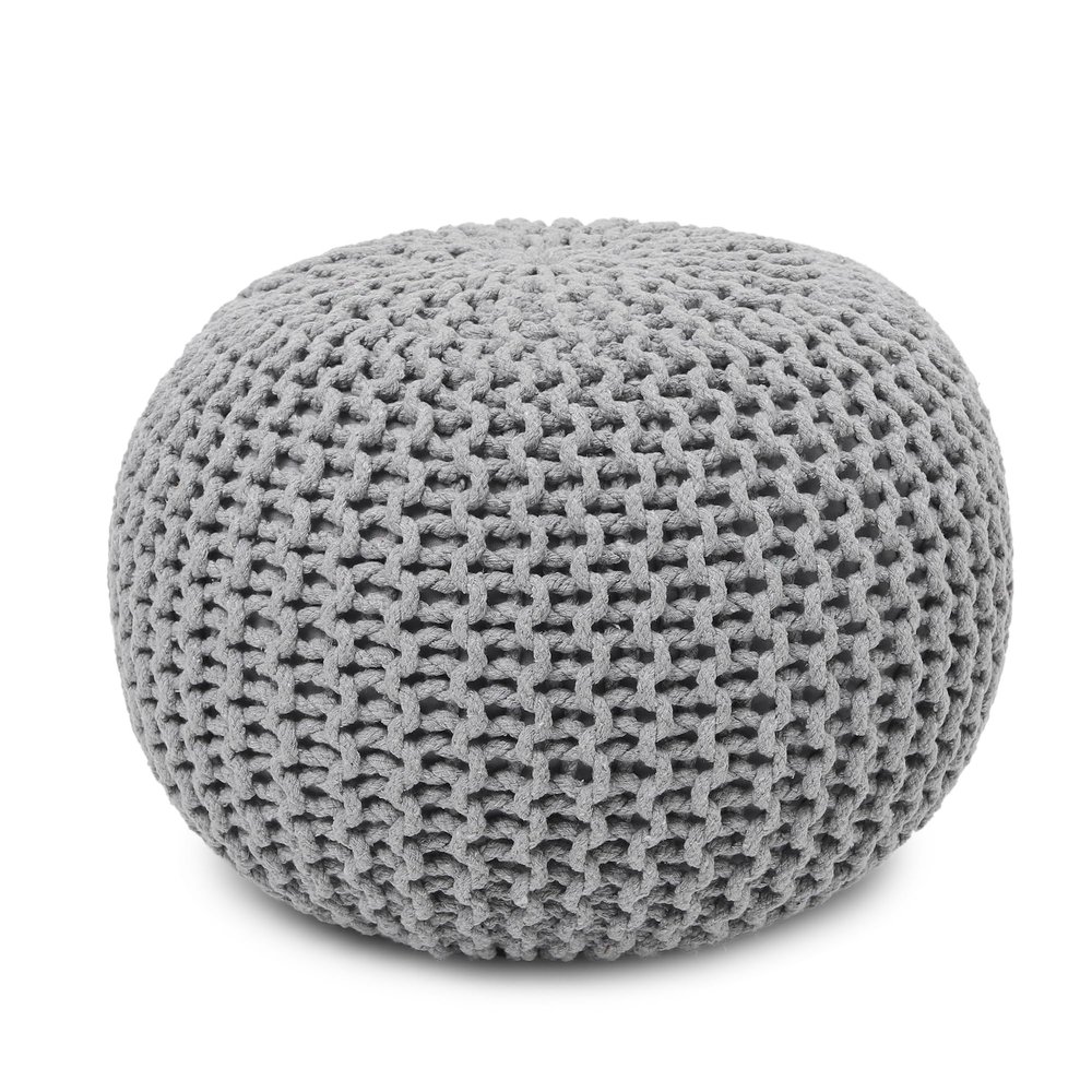 REDEARTH  Round Boho Pouf Ottoman - Cable Knitted Cord Boho Pouffe - Stuffed Poof Accent Beanbag Footrest for Living Room - Nursery - Bedroom - Covered Patio - Study Nook (19.5"x19.5"x14") - Gray