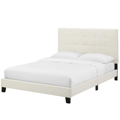 Contemporary Modern Urban Designer Bedroom Full Size Platform Bed Frame, Velvet Fabric, Ivory White