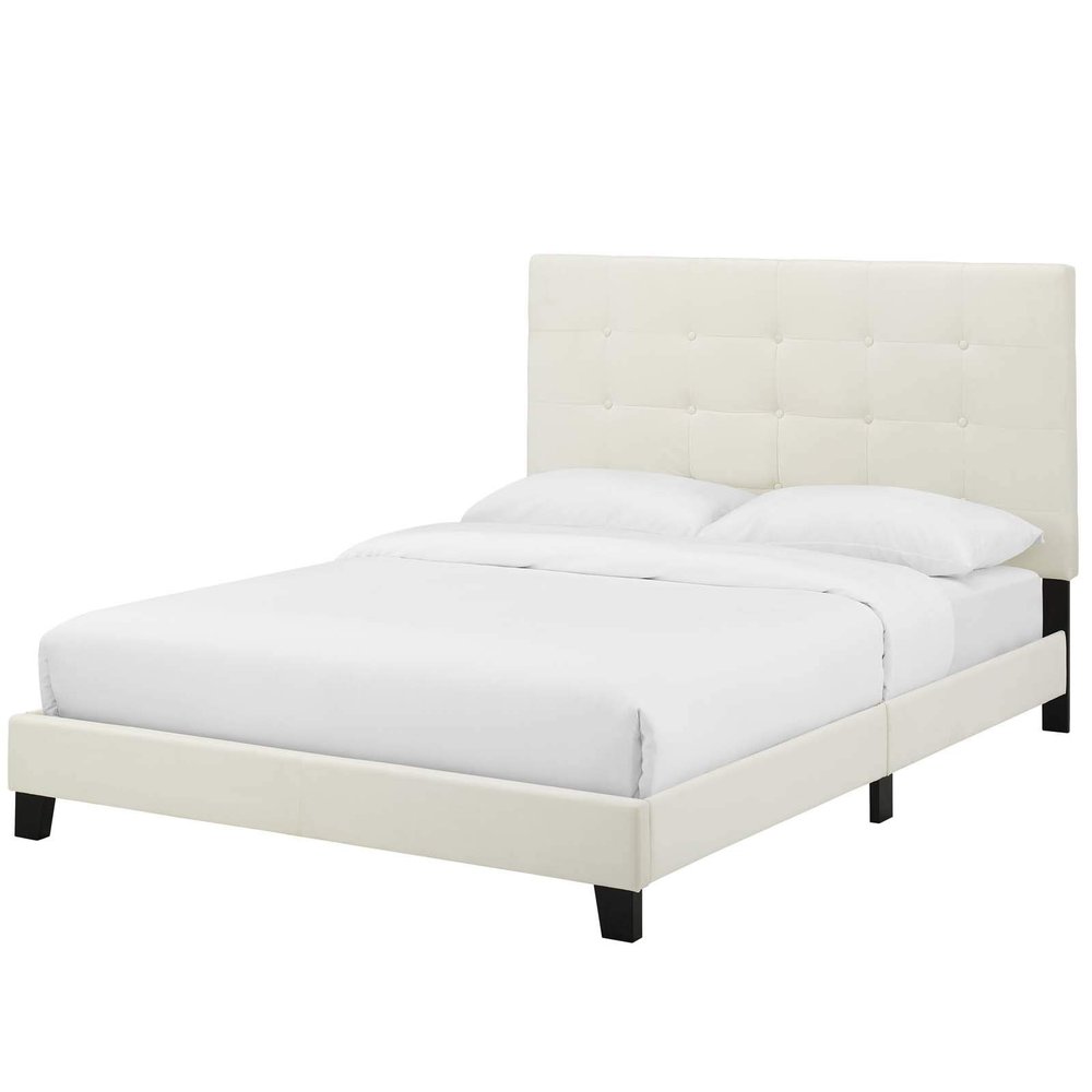 Contemporary Modern Urban Designer Bedroom Full Size Platform Bed Frame, Velvet Fabric, Ivory White