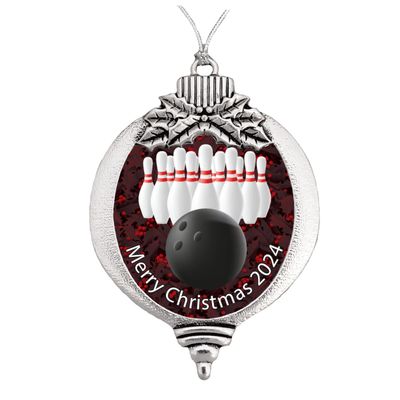 Bowling Ball Pin Merry Christmas Bulb Silver Metal Ornament Gift 300 Game