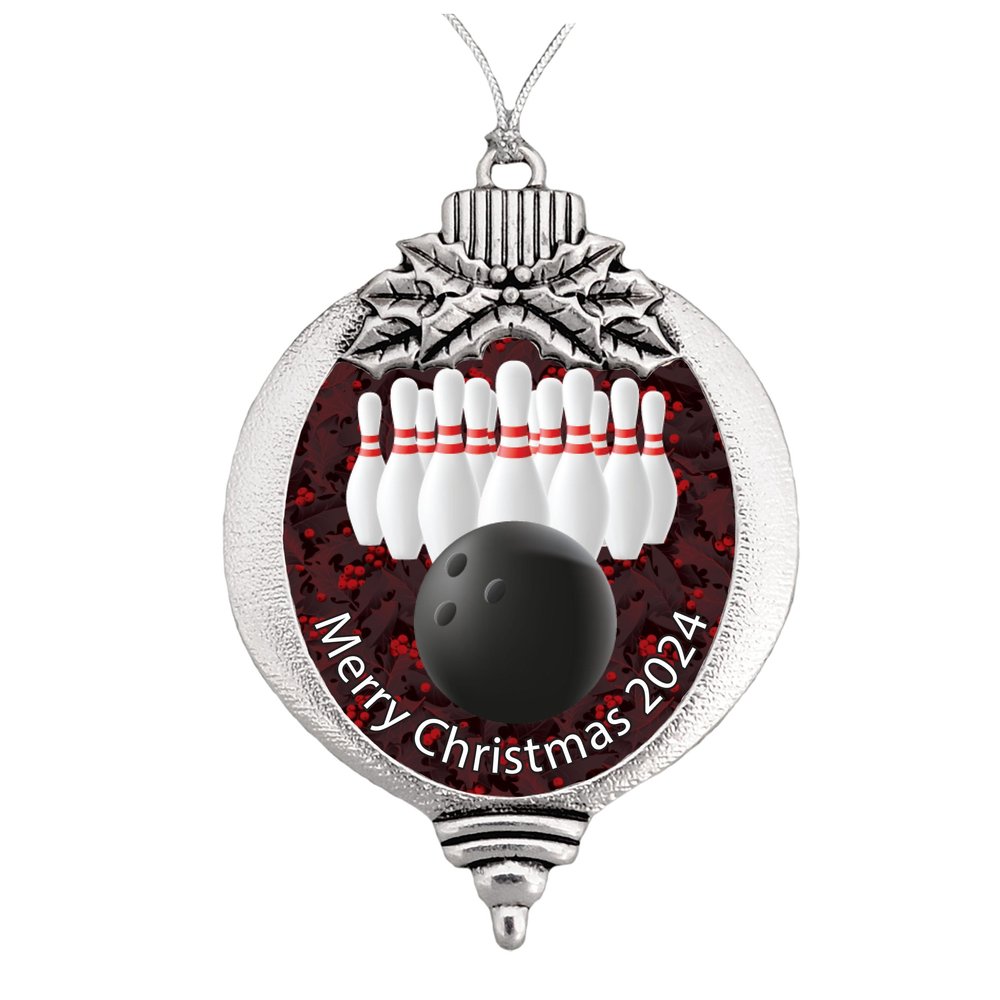 Bowling Ball Pin Merry Christmas Bulb Silver Metal Ornament Gift 300 Game