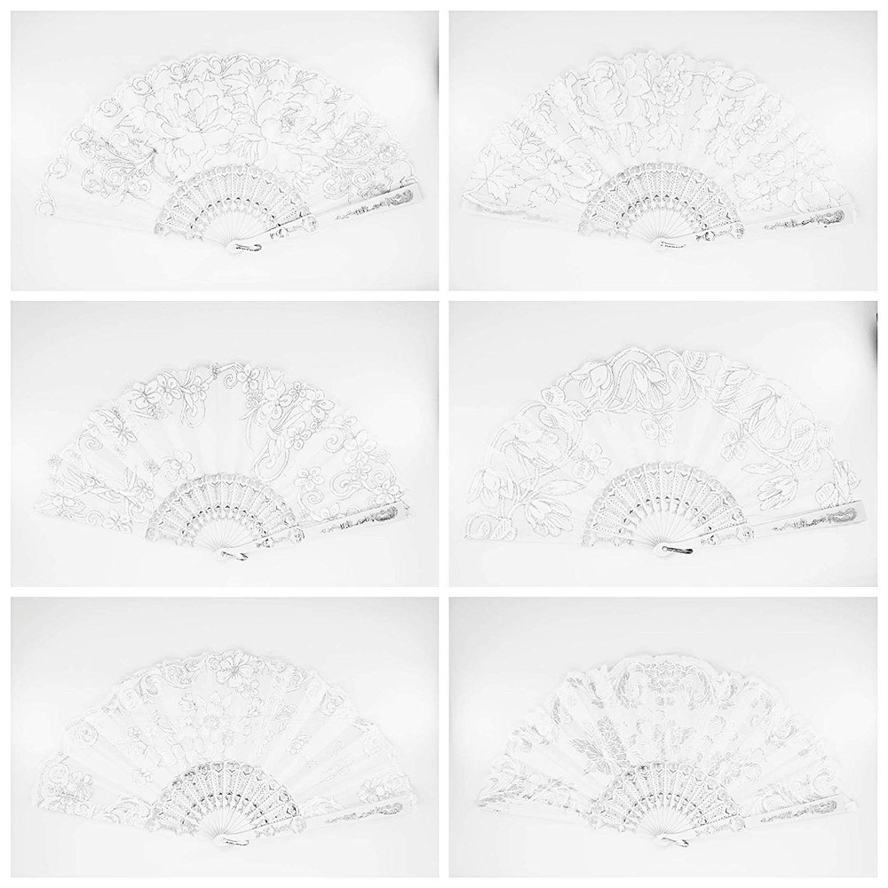 12 Pc Mix Spanish Style White and Silver Glitter Floral Pattern Folding Fan for Wedding Party Decor/Sweet 15 favors/Dancing Hand Fan/Table Setting/Wall Decoration/Out Door Wedding/Wedding Gift