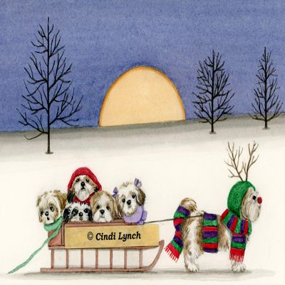 Christmas Cards: Shih-tzu Family Takes Holiday sled Ride/Lynch Folk Art