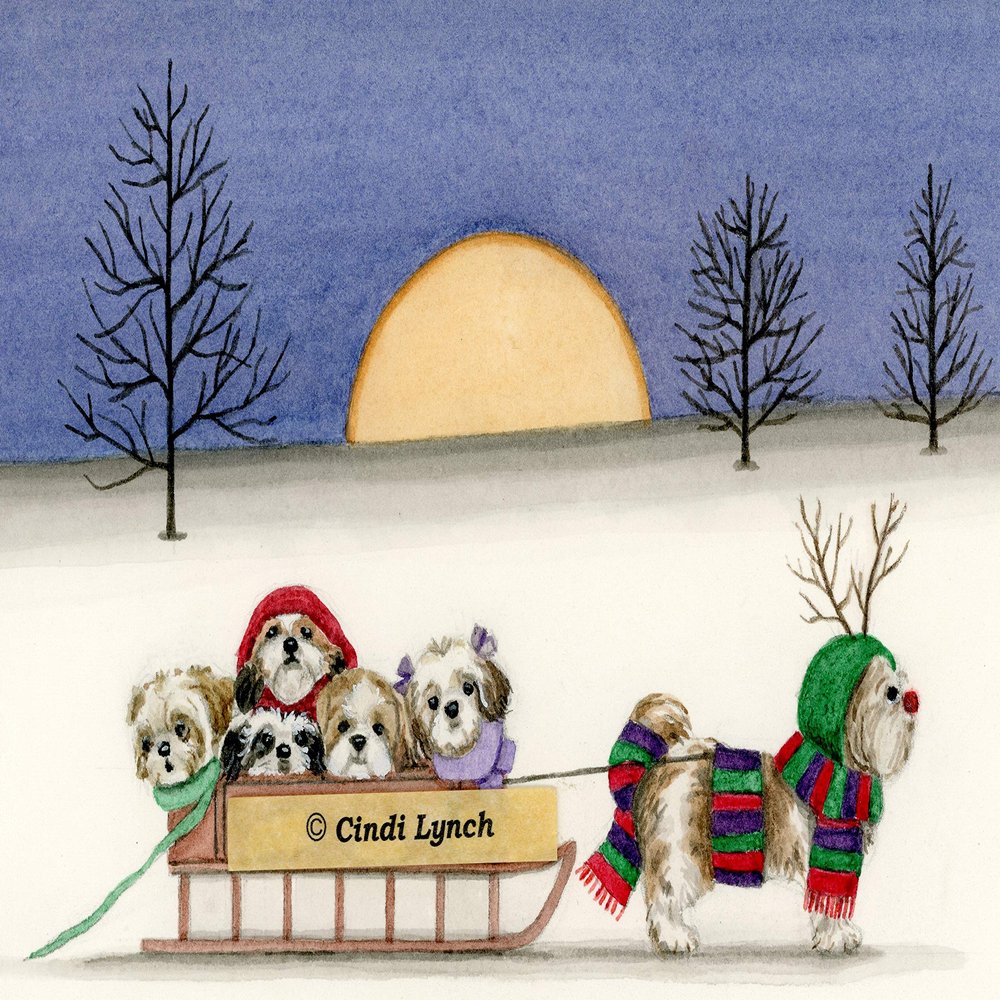 Christmas Cards: Shih-tzu Family Takes Holiday sled Ride/Lynch Folk Art