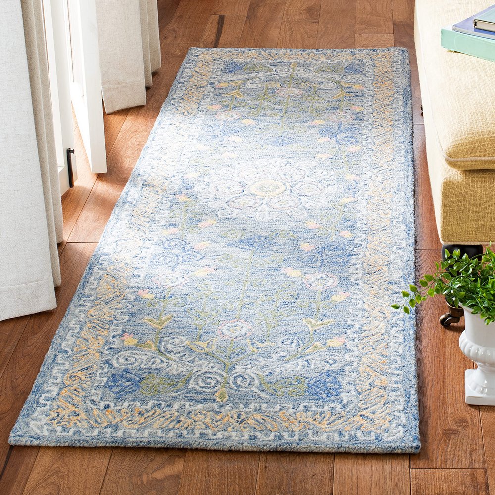 SAFAVIEH Micro-Loop Collection Runner Rug - 2'3" x 7', Blue & Green, Handmade Wool, Ideal for High Traffic Areas in Living Room, Bedroom (MLP522M)