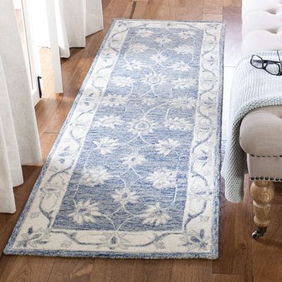 SAFAVIEH Micro-Loop Collection Runner Rug - 2'3" x 7', Blue & Ivory, Handmade Wool, Ideal for High Traffic Areas in Living Room, Bedroom (MLP536M)
