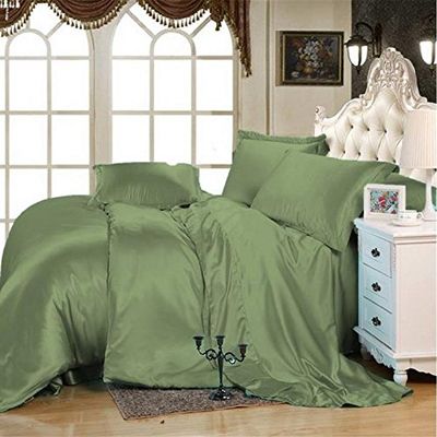 Kanak Bedding - 7 Piece Soft Silk Satin Soft Quilt,19 Inch Deep Pocket Sheet Set with Duvet Set Size Olympic Queen Colour Olive