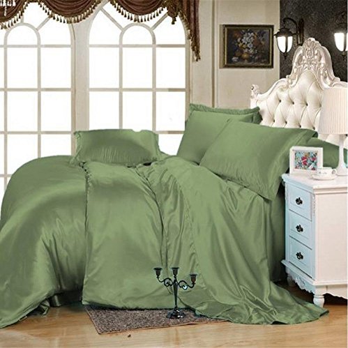 Kanak Bedding - 7 Piece Soft Silk Satin Soft Quilt,19 Inch Deep Pocket Sheet Set with Duvet Set Size Olympic Queen Colour Olive
