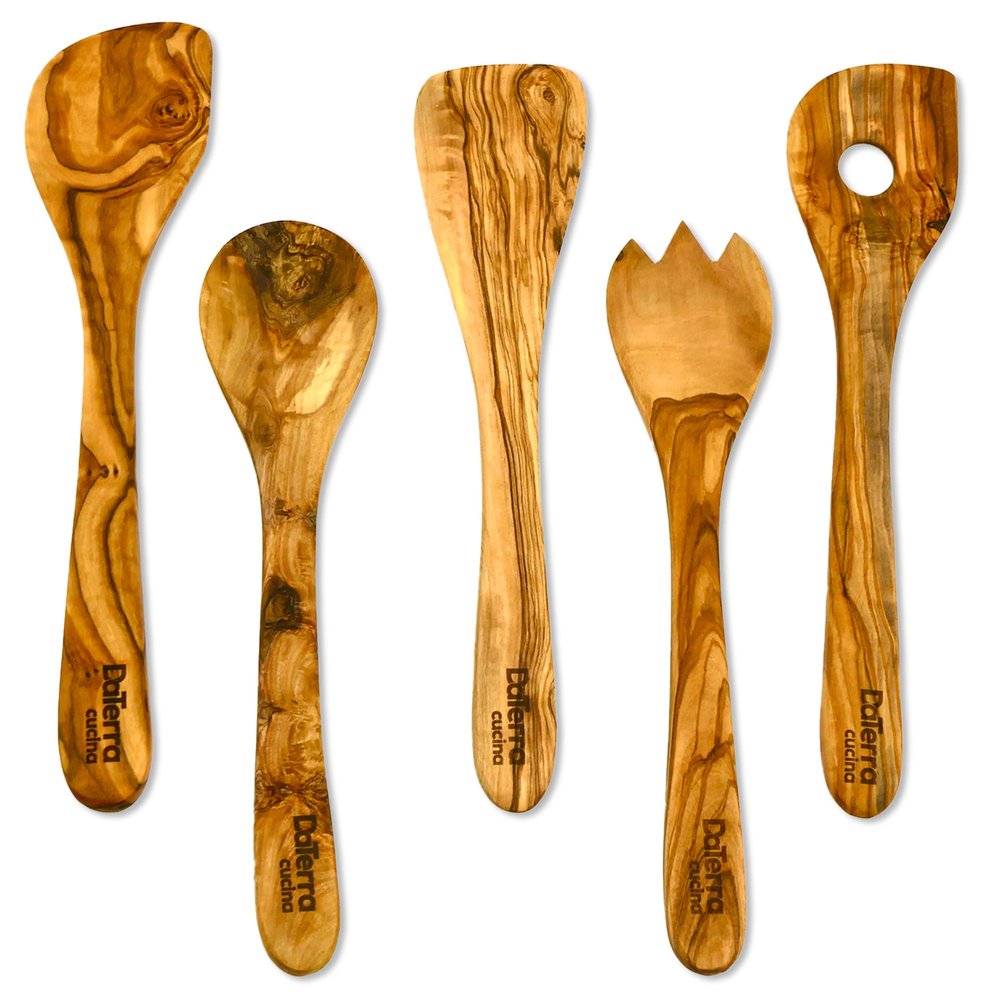 12-Inch Olive Wood Cooking Tools  5-Piece Wooden Kitchen Utensils Set with Spoons, Spatulas & Cooking Tools  Wood Kitchen Utensils Set for Cooking  Crafted Wood Essentials by DaTerra Cucina