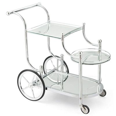 3 Tiers Rolling Kitchen Bar Serving Cart Wine Trolley Tea Coffee Car Built in Metal Fence Metal Frame Tempered Glass Shelves Large Storage Space Suitable for Kitchens Restaurants Bars Pub Hotel Use