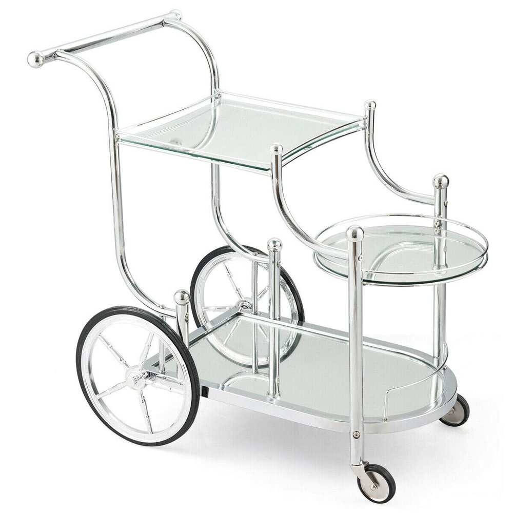 3 Tiers Rolling Kitchen Bar Serving Cart Wine Trolley Tea Coffee Car Built in Metal Fence Metal Frame Tempered Glass Shelves Large Storage Space Suitable for Kitchens Restaurants Bars Pub Hotel Use