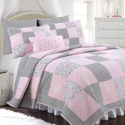 Finely Stitched Princess Pink Girls Farmhouse Patchwork Cotton Quilt Set - White Black Pink Swirling Scrolls, Flowers Floral Bedding Set (King - 3 Piece)