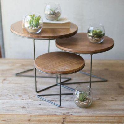 KALALOU Set Of Three Round Wire Display Risers With Wood Tops CQ7152