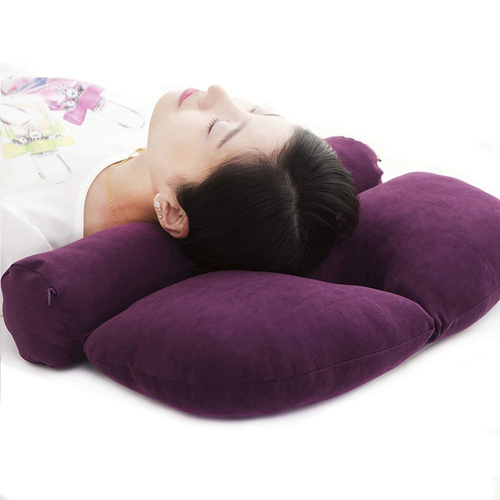 ALIBO Organic Buckwheat Hulls Cylinder Cervical Round Roll Neck Rest Bed Sleeping Pillow for Side, Back Stomach Sleeper Pain Relief Bolster Love Heart Shaped Headrest with Breathable Hole Purple