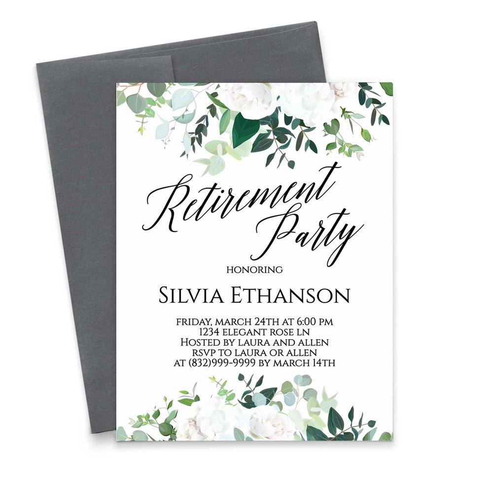 Modern Pink Paper Elegant Retirement Dinner Invitation, Floral Retirement Party Invites, Your choice of Quantity and Envelope Color