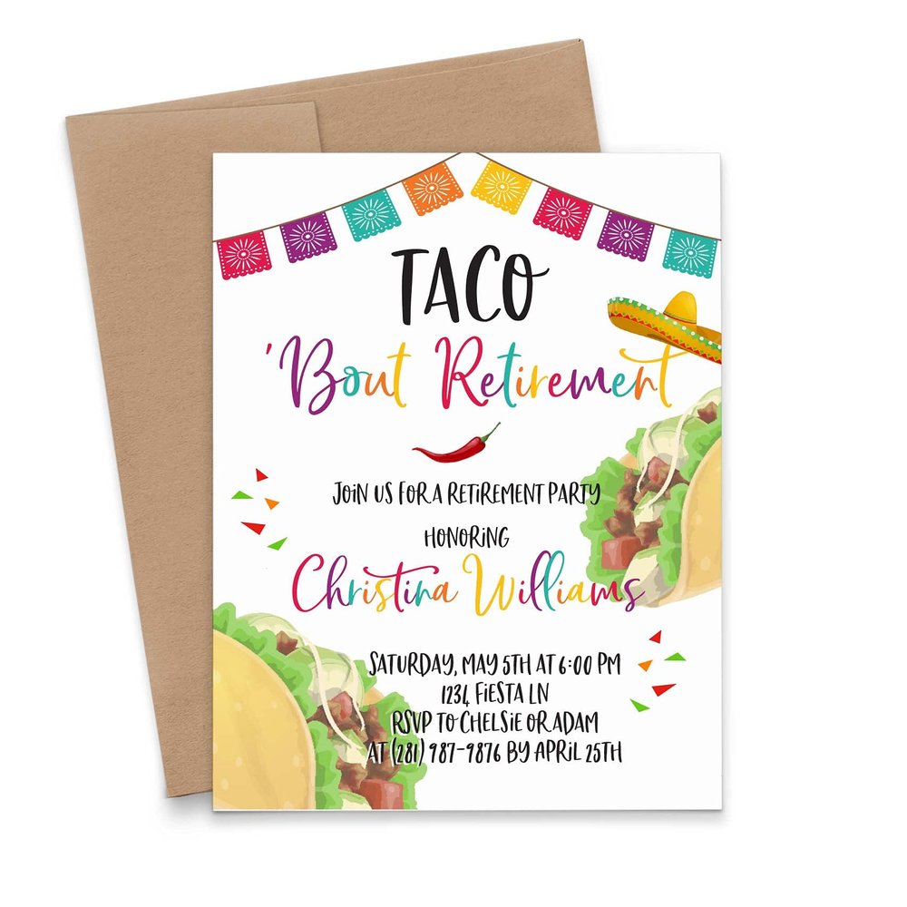 Modern Pink Paper Taco Retirement Party Invitation, Fiesta Retirement Dinner Invites, Your choice of Quantity and Envelope Color