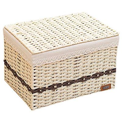 jtgytmykd Woven storage basket straw storage box with lid rattan desktop storage basket snack remote control storage box 2pcs39x28x26cm