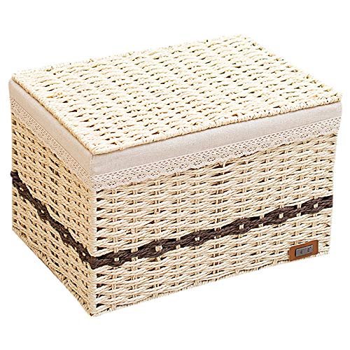 jtgytmykd Woven storage basket straw storage box with lid rattan desktop storage basket snack remote control storage box 2pcs39x28x26cm