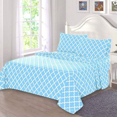 HNU 4 Piece Quatrefoil Sheet Set Queen, All Season Breathable Lightweight Beautiful Decorative Printed Modern Contemporary Aqua Blue White Bedding Soft Comfy Microfiber