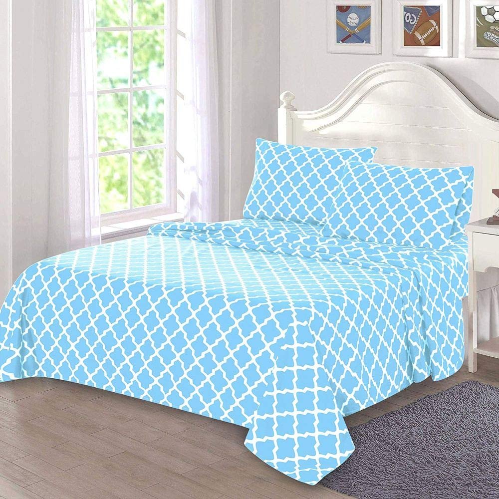 HNU 4 Piece Quatrefoil Sheet Set Queen, All Season Breathable Lightweight Beautiful Decorative Printed Modern Contemporary Aqua Blue White Bedding Soft Comfy Microfiber