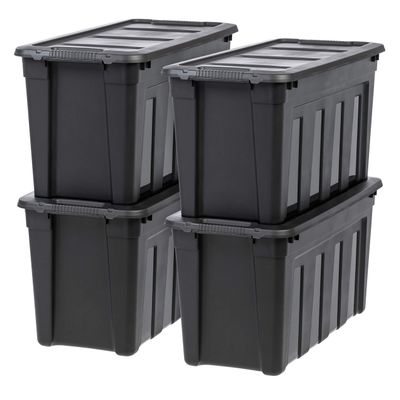 IRIS USA 31 Gallon Heavy Duty Storage Totes with Easy-Grip Handles, 4 Pack - Large Bins with Lids Garage Organizing Tubs, Durable Stackable Utility Containers, Made in USA - Black