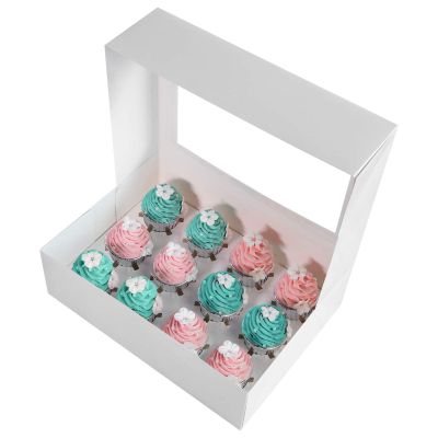 [20-Packs] White Cupcake Boxes 12 Holders,ONE MORE Cake Carrier Food Grade Pop-up Bakery Boxes 13.8 x 9.5 x 4inch with Inserts and PVC Windows Fits 12 Cavity Cupcake or Muffins Pack of 20