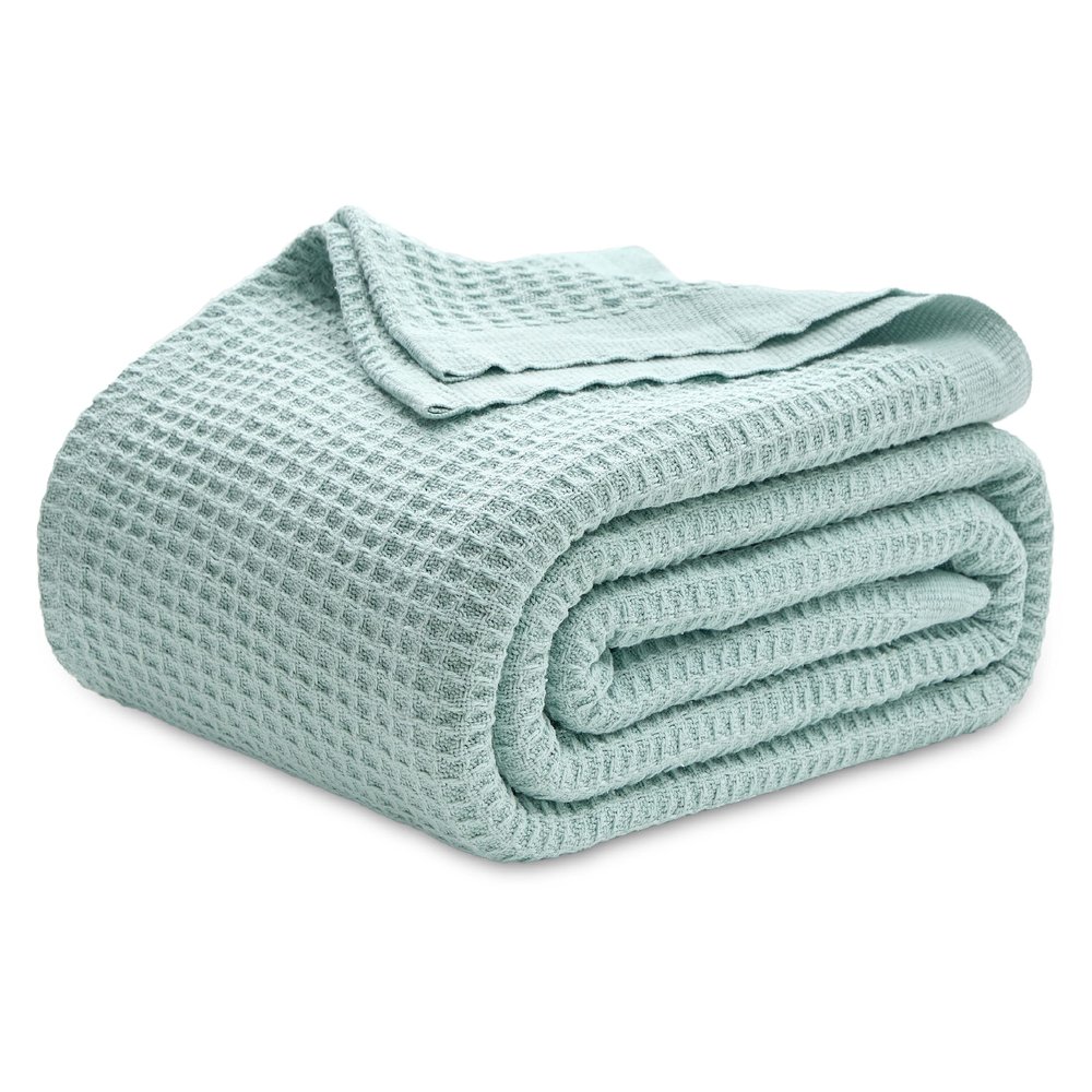Bedsure Gentlesoft 100% Cotton Blanket Queen Size for Bed - Cooling Breathable and Soft for Spring Summer, Thick Cozy Waffle Weave Blanket Gifts for Women, Mint, 90x90 Inches