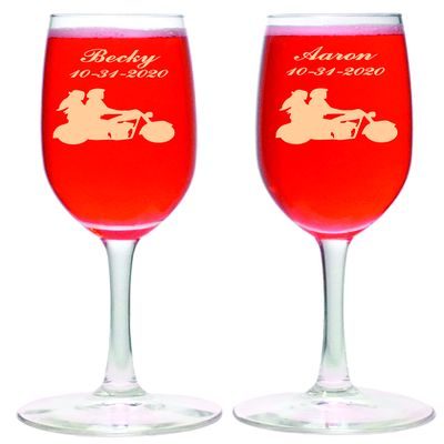 Aaron's Etching 2 Personalized Etched Motorcycle Biker Couple Toasting Champagne Wedding or Anniversary Flute 8oz clear Glasses