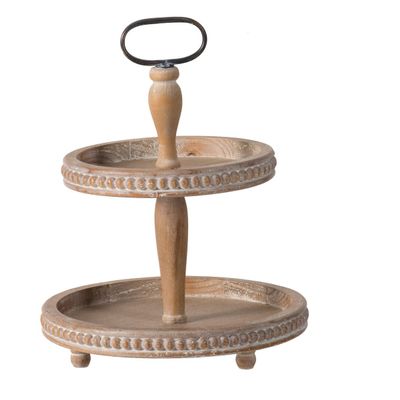 A and B Home A&B Home Whitewash Tan 2-Tier Wood Bead Trim Tray