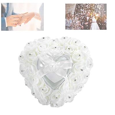 Valentine's Day Carnival Wedding Ring Cushion, Wedding Ring Pillow, Ring Pillow for Wedding Ceremony, Romantic Heart-Shaped Wedding Ring Box Rose Rhinestone Decor Ring Pillow Cushion(White)