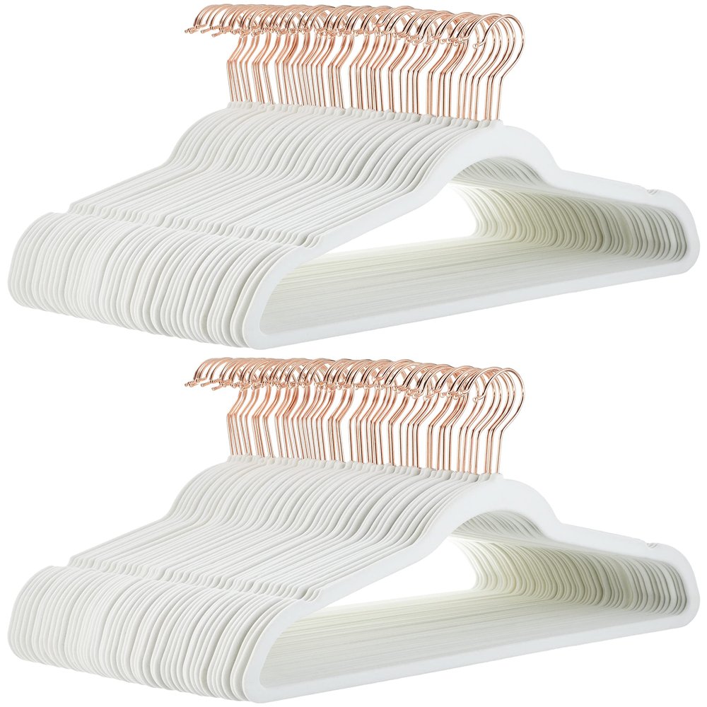 Amazon Basics Slim Velvet Non-Slip Space Saving Suit Clothes Hangers for Closet Organization, Ivory/Rose Gold, 100-Pack