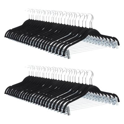 Amazon Basics Velvet Non-Slip Skirt Clothes Hangers with Clips, 360 Degree Rotatable Hook, Sturdy Construction, Organize Pants and Skirts, Black/Silver, 50-Pack