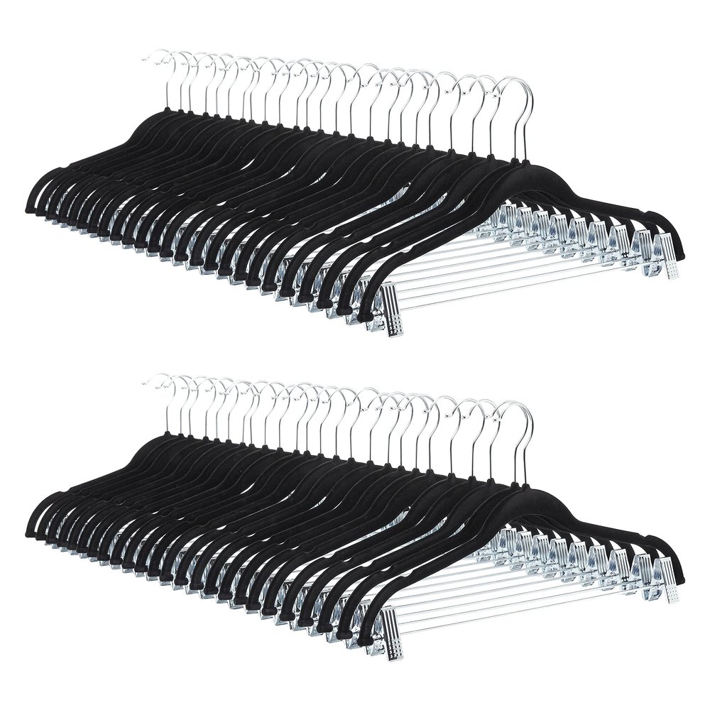 Amazon Basics Velvet Non-Slip Skirt Clothes Hangers with Clips, 360 Degree Rotatable Hook, Sturdy Construction, Organize Pants and Skirts, Black/Silver, 50-Pack