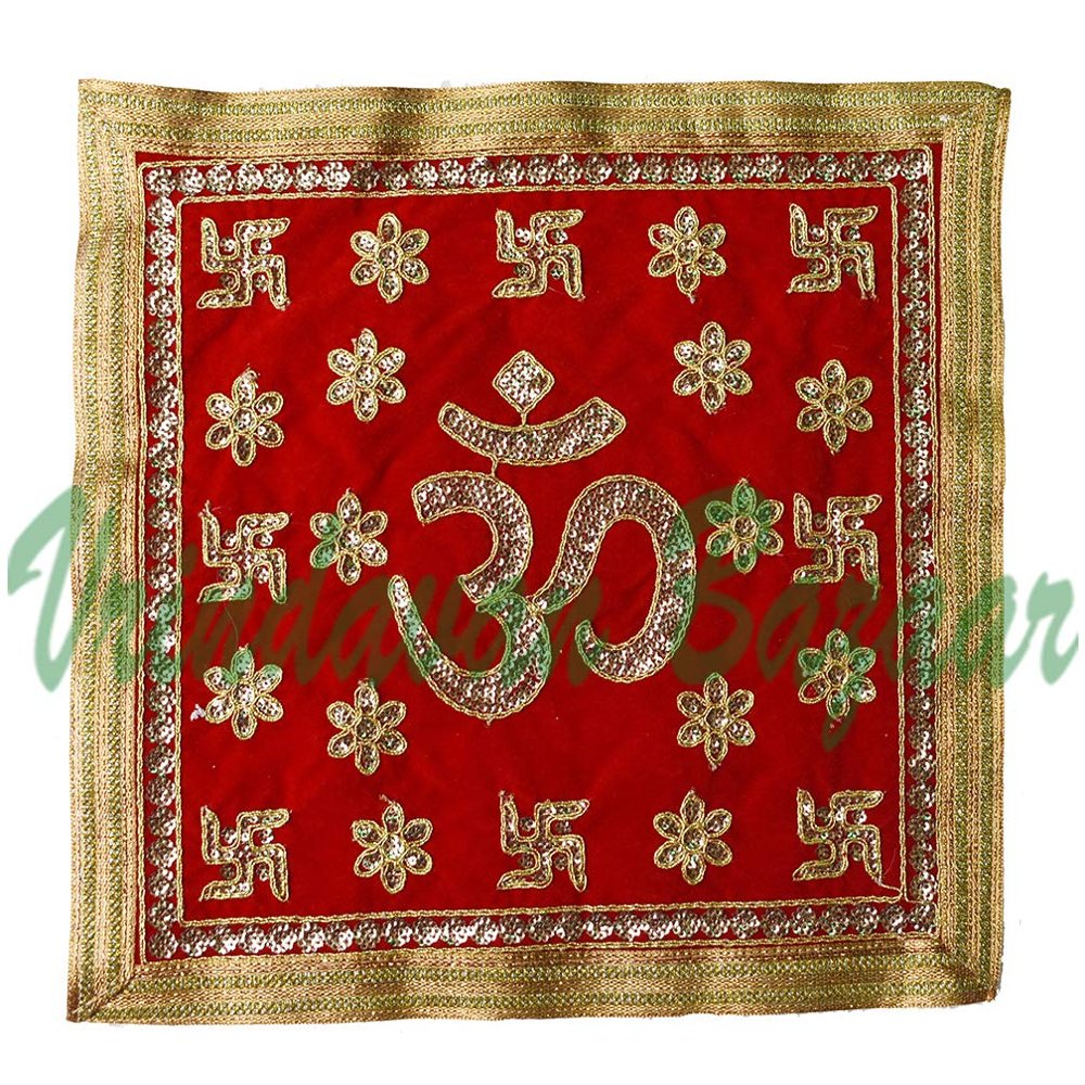 VRINDAVANBAZAAR.COM Om with Decorations Velvet Aasan with Zari Embroidery (14 x 13.5 inches)