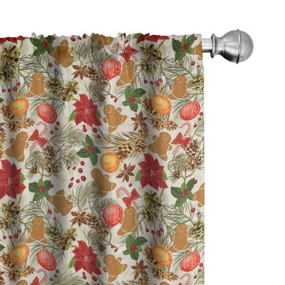 Ambesonne Christmas Curtains, Vivid Colorful Xmas Theme Pine Cones Branches Gingerbread Man Berry Image Print, Window Treatments 2 Panel Set for Living Room Bedroom, Pair of - 28" x 63", Red Beige