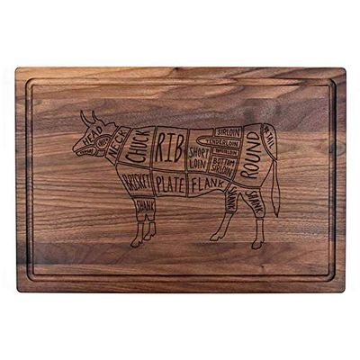 Beef Cuts-Wooden Cutting Board for Kitchen Juice Groove Natural Custom Engraved in USA, Wedding Anniversary Birthday Present, Housewarming New Home (Walnut 11x17)