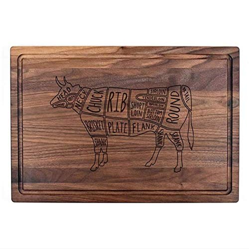 Beef Cuts-Wooden Cutting Board for Kitchen Juice Groove Natural Custom Engraved in USA, Wedding Anniversary Birthday Present, Housewarming New Home (Walnut 11x17)