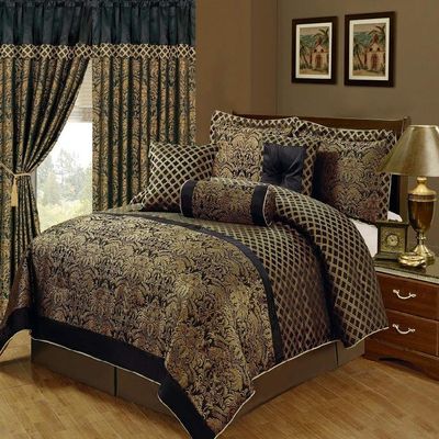 HNU 7 Piece Gold Jacquard Comforter Set Cal King, Glam Motifs Texture Sheen Luxury Beautiful Decorative Royal Look Reversible Diamond Pattern Black Gold Bedding Warm Cozy Comfy